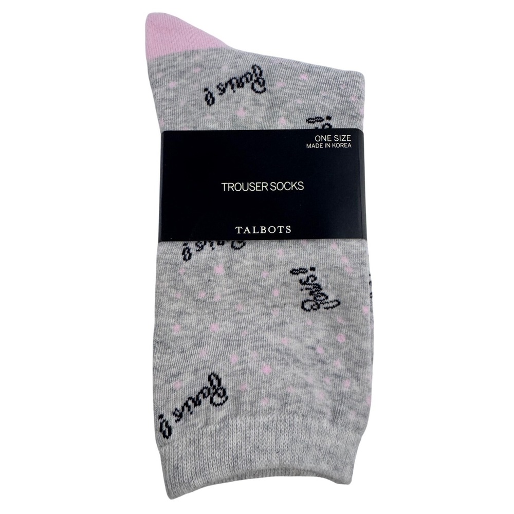 Talbots Women's Trouser Socks Paris Script Gray Pink Cotton Blend NWT Art Deco